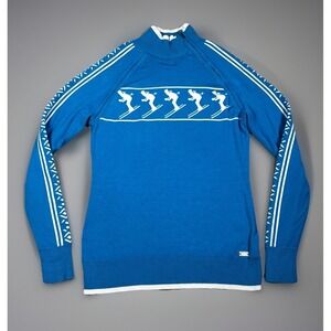 Nils Skier 2 Knit Sweater Women M Blue/WhIte Nordic Après Ski 1/4 Asymmetric Zip